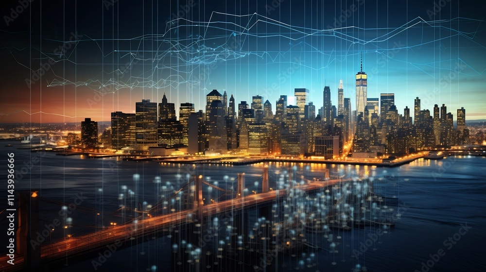 Poster a image depicting a futuristic city skyline with overlaid economic graphs charts and data visualizat