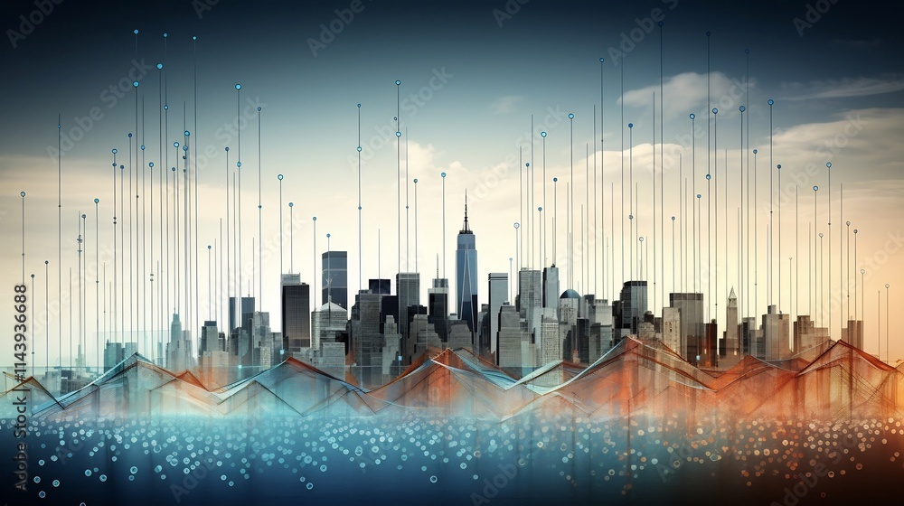 Aufkleber overlaying economic graphs and data on a captivating city skyline a visually compelling representati