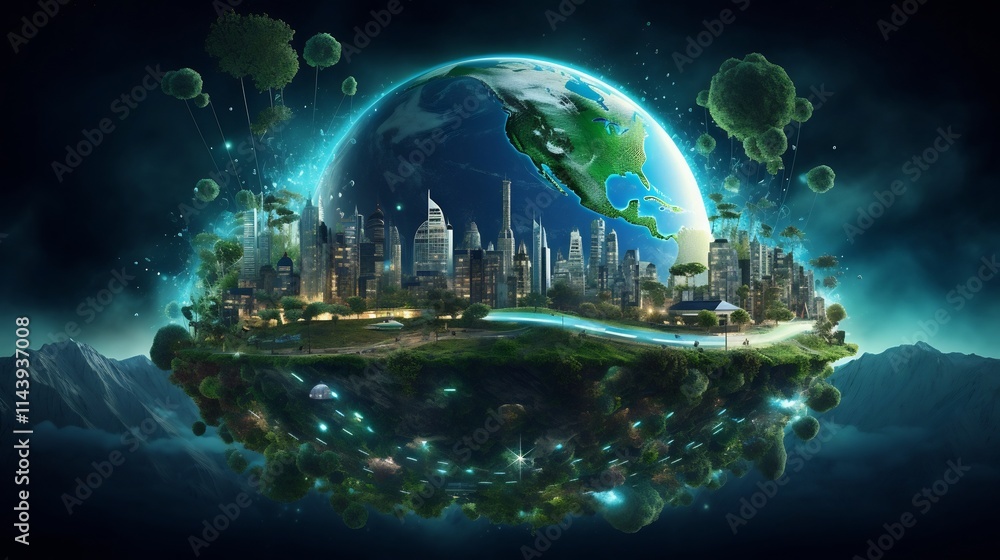 Poster digital depicting planet earth with various icons representing the different natural resources and s