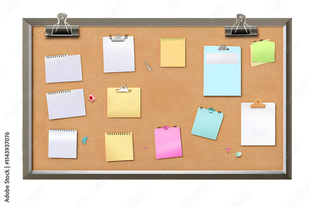 Poster office cork bulletin board template for business. with sheets of paper and stickers for notes. mocku