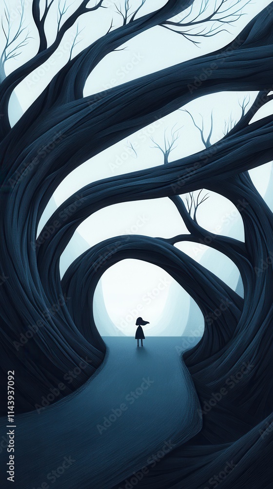 Poster enchanted scene of a child standing in a mystical forest surrounded by twisted trees and a dreamy at