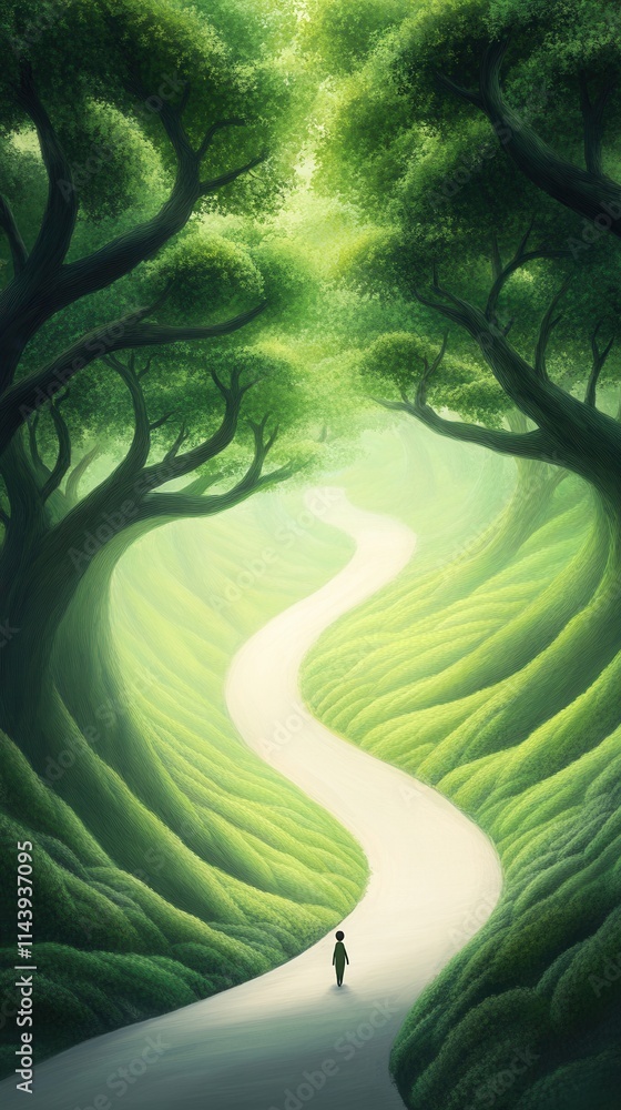 Poster serene journey through lush green forest with curving pathway surrounded by enchanting trees and sof