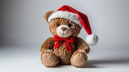 Teddy bear wearing Santa hat on white background, Christmas present. Kids holidays gifts, toys and stuffed animals. Holiday greeting card.