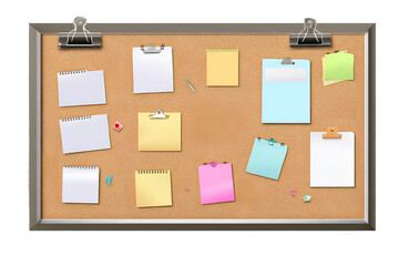 Office cork bulletin board template for business. With sheets of paper and stickers for notes. Mockup isolated on a transparent background. Vector illustration