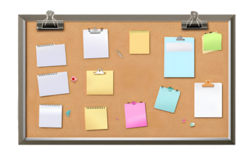 Office cork bulletin board template for business. With sheets of paper and stickers for notes. Mockup isolated on a transparent background. Vector illustration