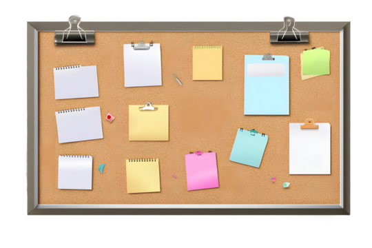 Office cork bulletin board template for business. With sheets of paper and stickers for notes. Mockup isolated on a transparent background. Vector illustration