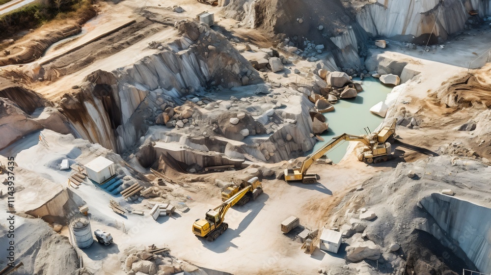Poster aerial perspective showcasing an active quarry site where stone rocks and other raw building materia