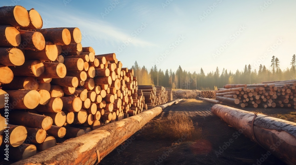 Poster rows of neatly stacked and organized timber logs in a logging yard