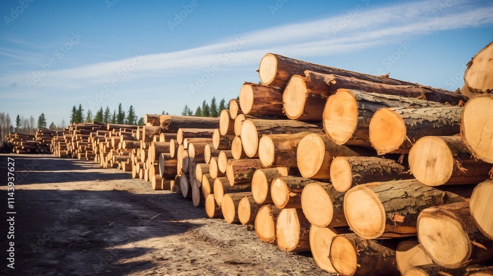 Poster rows of neatly stacked lumber in a logging yard showcasing the abundant timber resources available f