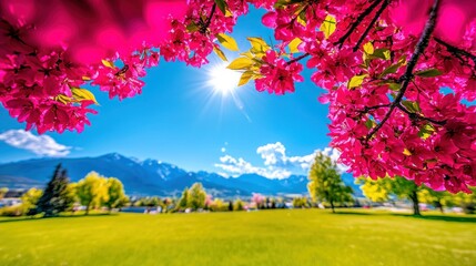 Fototapeta premium Vibrant spring landscape with blooming flowers and mountains.