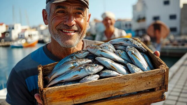 Man is holding a crate full of fish. He is smiling and he is happy. The fish are in various sizes and are spread out in the crate