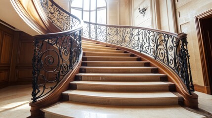 Elegant curved marble staircase with ornate wrought-iron railing in a luxury home.