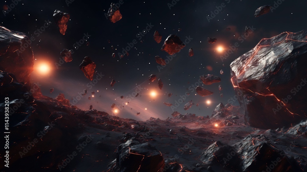 Poster futuristic conceptual digital of asteroids being mined for valuable space resources and minerals to 