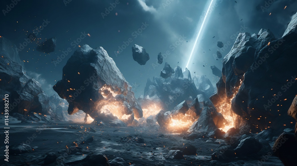 Poster futuristic depicting the mining of asteroids for valuable minerals and resources in outer space show