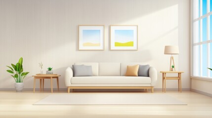 Modern and Bright Living Room Interior with Minimalist Decor Featuring Neutral Tones, Plants, Artwork, and Large Windows for Natural Light