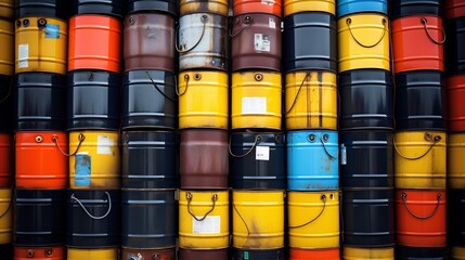 A close up view of numerous oil barrels neatly stacked and stored in an industrial storage yard
