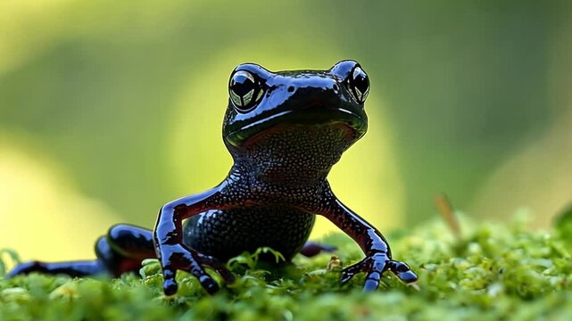 A close-up of a glossy black frog sitting on lush green moss footage