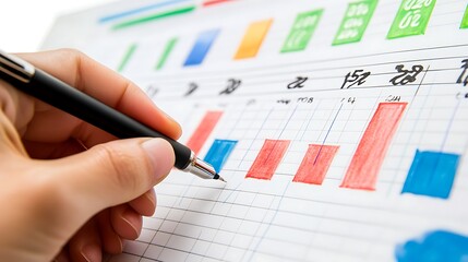 A person holding a pen, marking progress on a goal tracking sheet, with a whiteboard filled with goals and progress indicators in the background. 