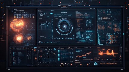 A photorealistic computer interface showcasing a detailed AI dashboard with pulsating neon lights. Animated holograms display data streams and flowcharts, representing a utopian vision