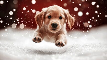 Adorable Golden Retriever Puppy Playing in the Snow