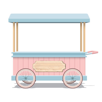 Street shop cart pastel mock up isolated graphic illustration have blank space for place the products presentation on countertop and blank wooden signboard. Small business and street food concept.
