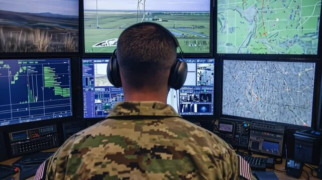Air Force Control Room: Soldier Monitoring Multiple Screens