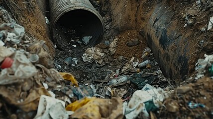 Obraz premium Landfill Waste: Trash accumulated and buried in landfills, often producing methane emissions that contribute to environmental degradation. 