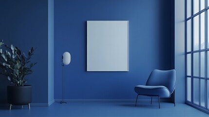 a blue room with a picture frame