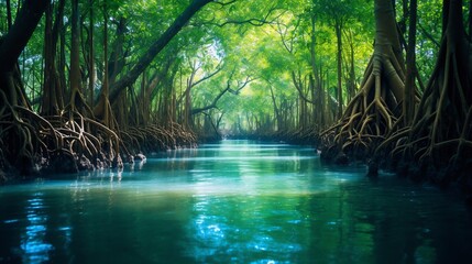 Obraz premium Breathtaking view of a thriving mangrove forest ecosystem highlighting its diverse flora intricate waterways and the wealth of natural resources it provides for the local environment