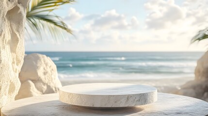 stone podium sits on a sandy beach