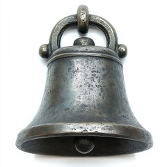 A single silver bell ornament with a subtle frosted texture, centered on a crisp white background with high contrast for premium stock photography 