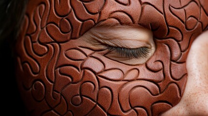 Intricate Mask: A close-up shot of a woman's eye peering through an intricately carved brown mask, revealing a glimpse of the mystery behind its secrets. The mask, crafted with delicate patterns.