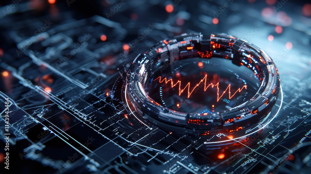 Poster futuristic wearable device with glowing interface displays data and waveforms, set against high tech background. design emphasizes innovation and technology