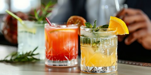 A variety of vibrant cocktails garnished with fresh herbs and citrus, showcasing a lively and refreshing bar scene.