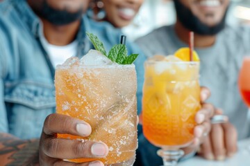 Fototapeta premium Close-up of two refreshing orange cocktails with fresh mint and citrus garnishes, held in hand, perfect for social gatherings.