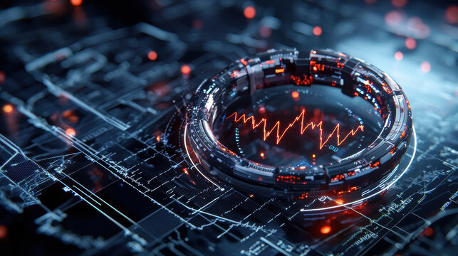 futuristic wearable device with glowing interface displays data and waveforms, set against high tech background. design emphasizes innovation and technology