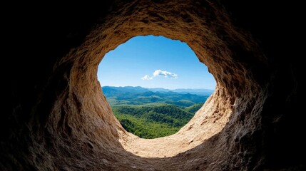 A Glimpse of Freedom: A circular opening in a cave wall reveals a breathtaking vista of lush green hills and a bright blue sky, symbolizing the promise of hope and new beginnings.