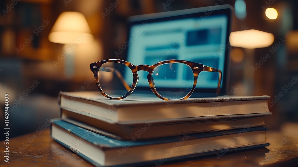 Poster a close up shot of a pair of glasses resting on a stack of textbooks with a blurred laptop in the ba