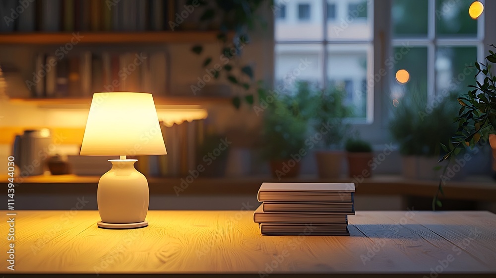Poster a clean modern desk setting with a small stack of books and a soft glowing desk lamp creating a sere