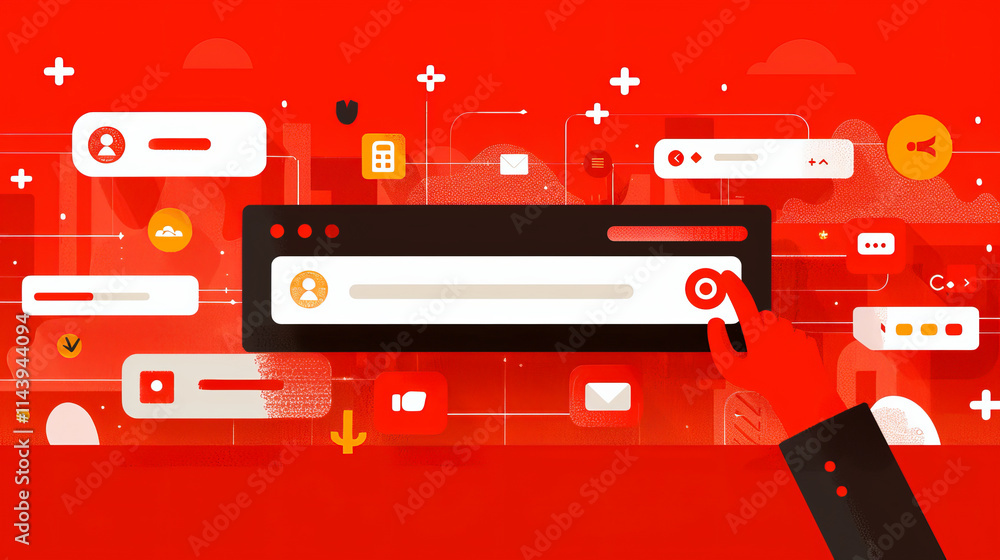 Poster digital illustration of an interactive user interface with buttons and icons for online activity.