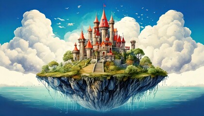 Obraz premium Enchanted castle perched on a floating island surrounded by watercolor clouds