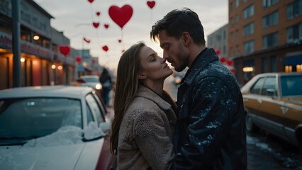 Fototapeta premium A man and a woman are standing in the middle of the street, hugging each other.