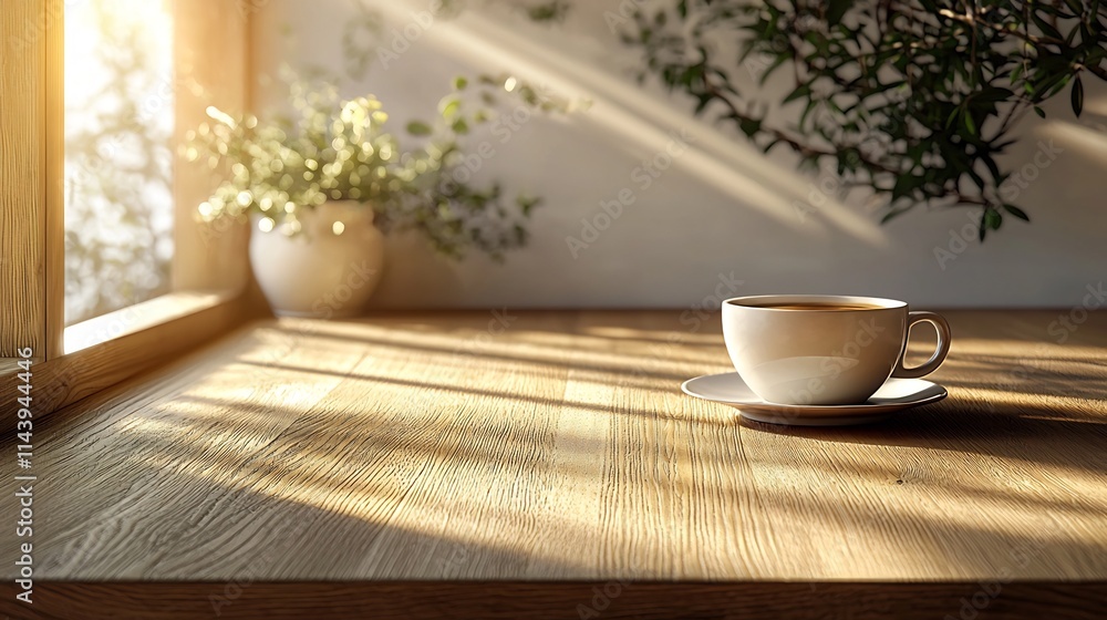 Aufkleber a cozy and productive workspace with a steaming cup of coffee placed beside a sleek laptop resting o