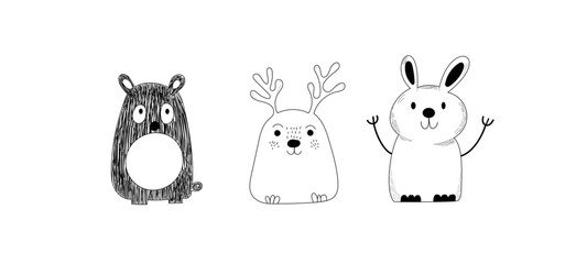  Ilustración en blanco y negro de animales caricaturescos, incluyendo un oso, un reno y un conejo, con diseños minimalistas y expresiones divertidas