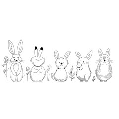  Ilustración de conejos infantiles con diseño en blanco y negro, rodeados de flores y elementos naturales