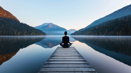A tranquil image of a person meditating on a dock, surrounded by a misty lake and lush mountain landscape, embracing peace and connection with nature.