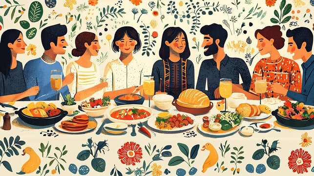 A diverse group of people sharing a meal together at a large table featuring traditional dishes from multiple cultures in a harmonious and celebratory setting