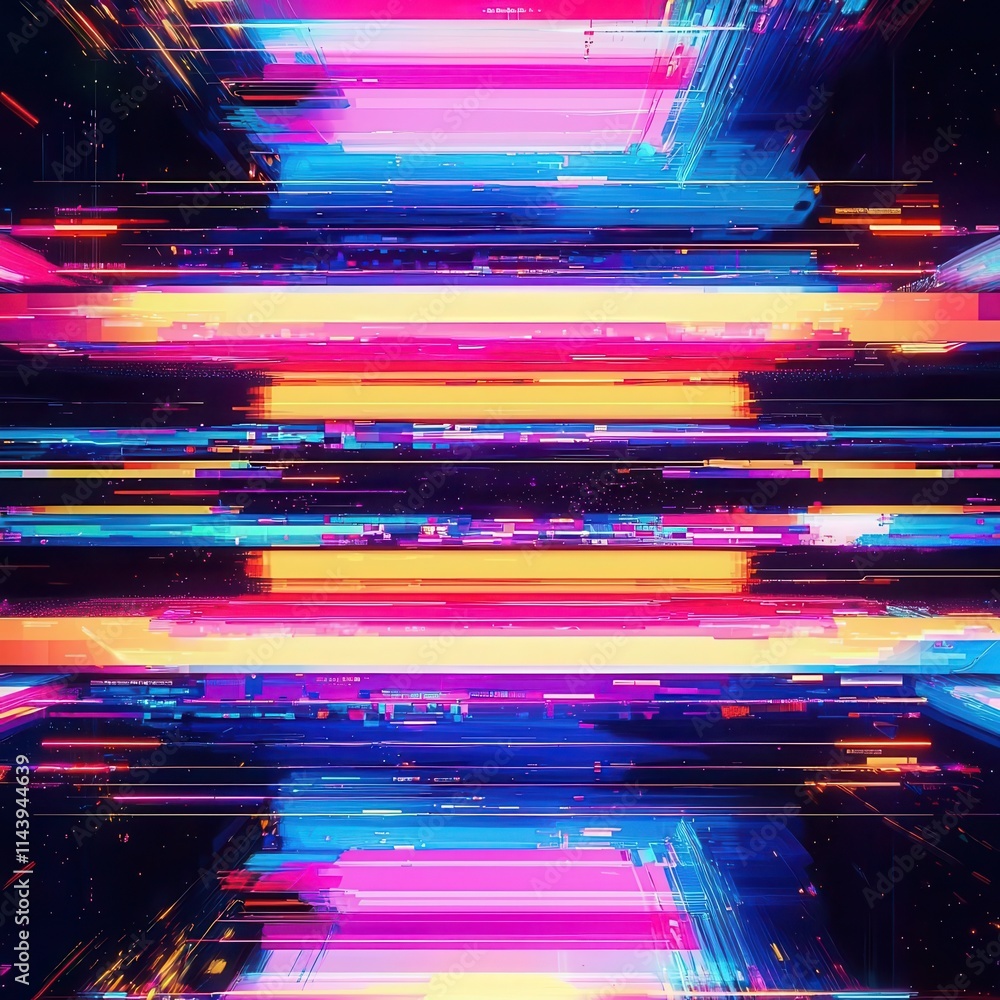 Poster screen damage, glitch texture, interface blur error dynamic pixel pattern, vibrant abstract design f
