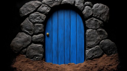 Enchanted Blue Door: A mysterious blue door, crafted from weathered wood, stands open in a stone archway, beckoning viewers to step into a world of imagination and wonder.  