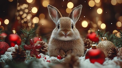 Naklejka premium A fluffy soft and adorable bunny surrounded by a variety of colorful and festive Christmas in a cozy warm and inviting indoor setting creating a charming and whimsical holiday atmosphere